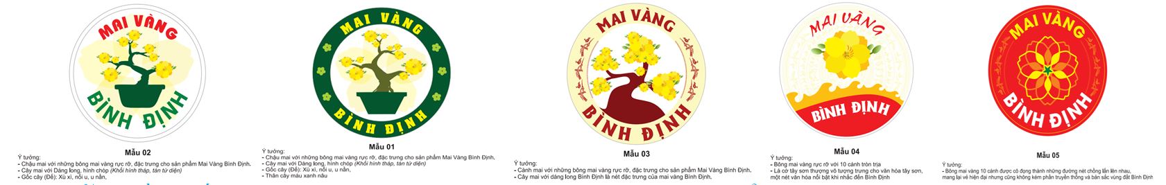 5 mẫu đề xuất của bộ nhận diện thương hiệu sản phẩm mai vàng Bình Định được trình bày tại hội thảo.